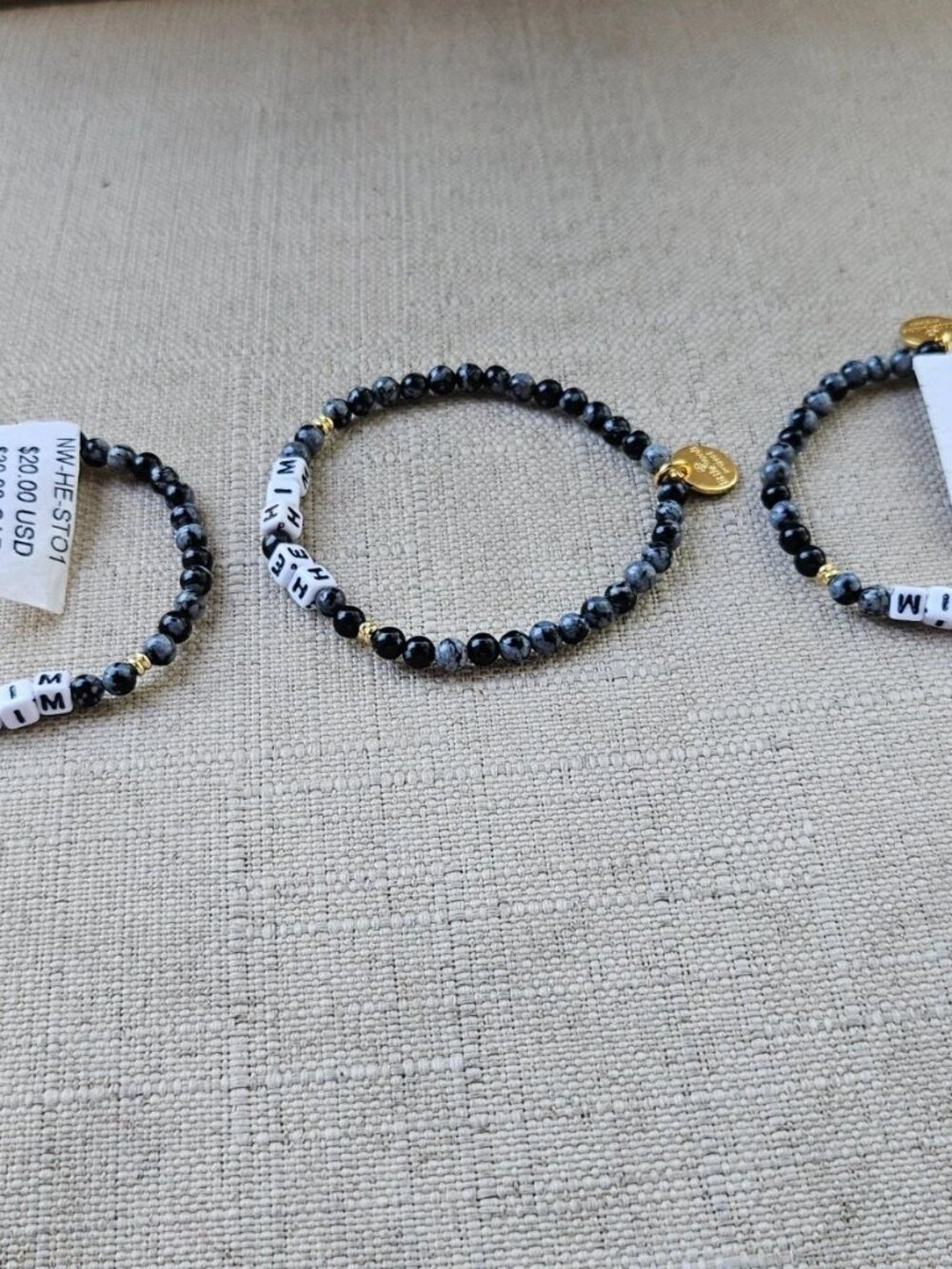 Little Words Project Bracelet Black Beands HE HIM Wrist Band Stretched Lot of 3 - Picture 8 of 12